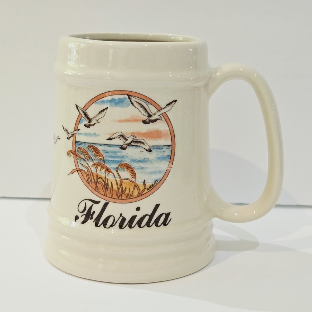 Vintage Florida Coast Stein Beach Seagulls Grass Souvenir Coffee Mug Ceramic